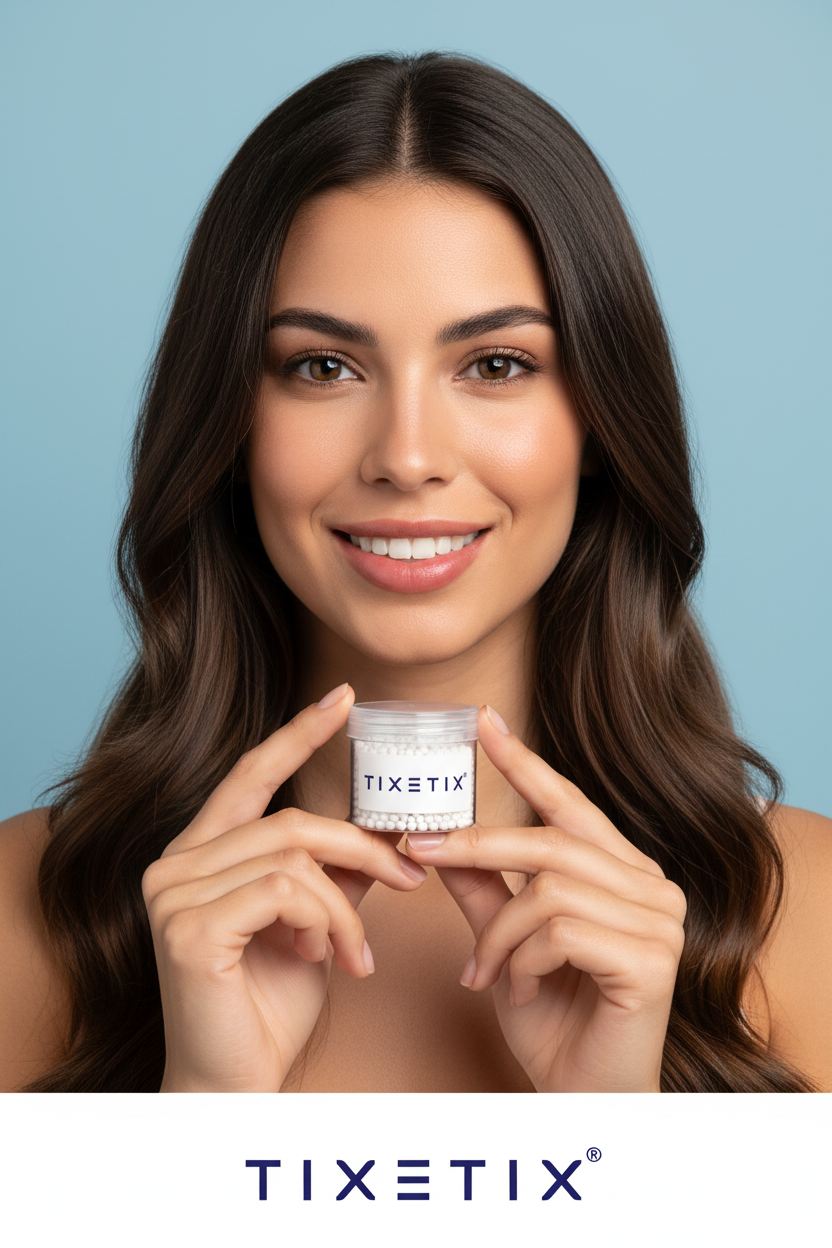 Mujer española con envase Tixetix fondo azul